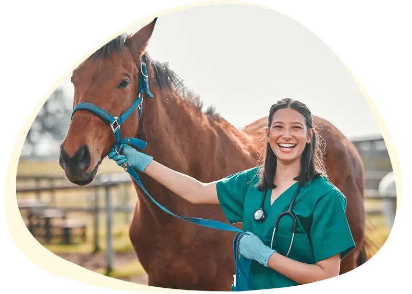 Veterinary assistant with horse.